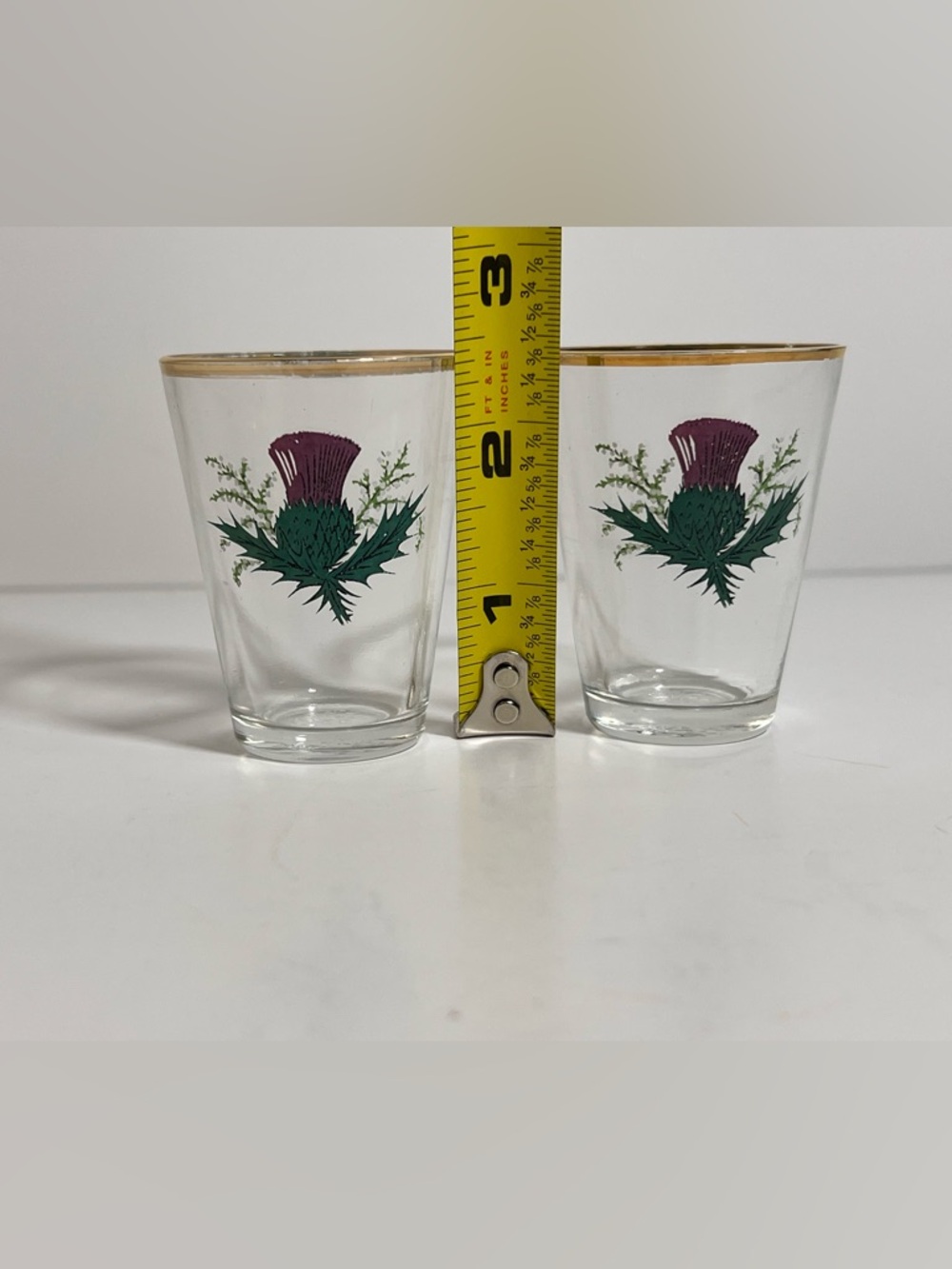 2-VTG Scottish Thistle Heather Shot Glasses Gold Trim NS 236 Purple Green MCM - Picture 2 of 8